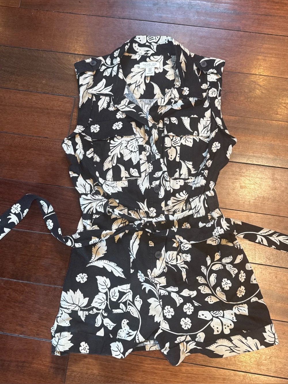 Rachel Zoe Black White Leaf Print Collared Belted Sleeveless Linen Romper 10